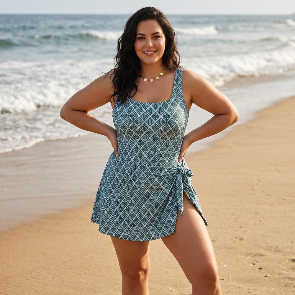CUPSHE One Piece Swimdress XL Green White Tie Knot Modest Beach Summer Vacation